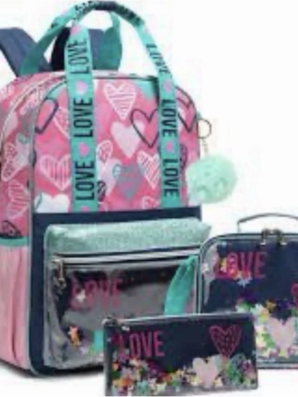 Girls' Pink & Teal Heart Backpack Set with LOVE Accents